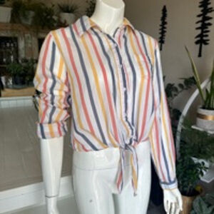 Women Unbranded Shirt M White Blue yellow reddish striped long sleeve with tie